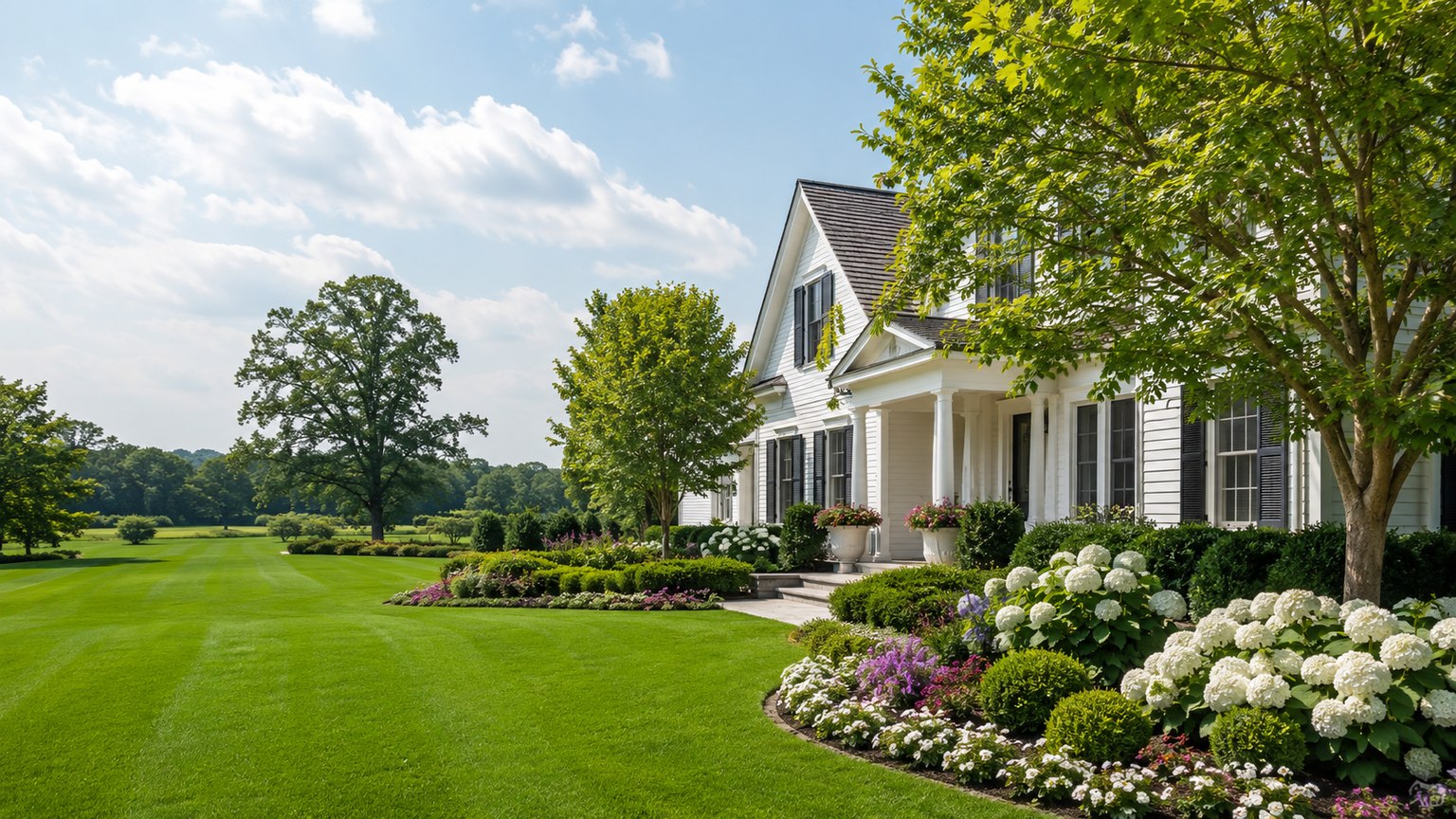Freshly striped lawn and landscaped beds at an Atlanta home