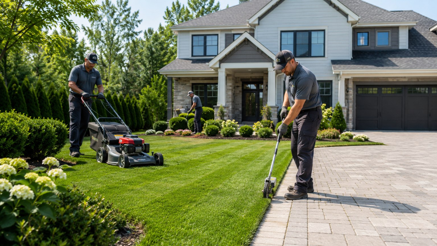 GreenCrest crew mowing and edging a front lawn
