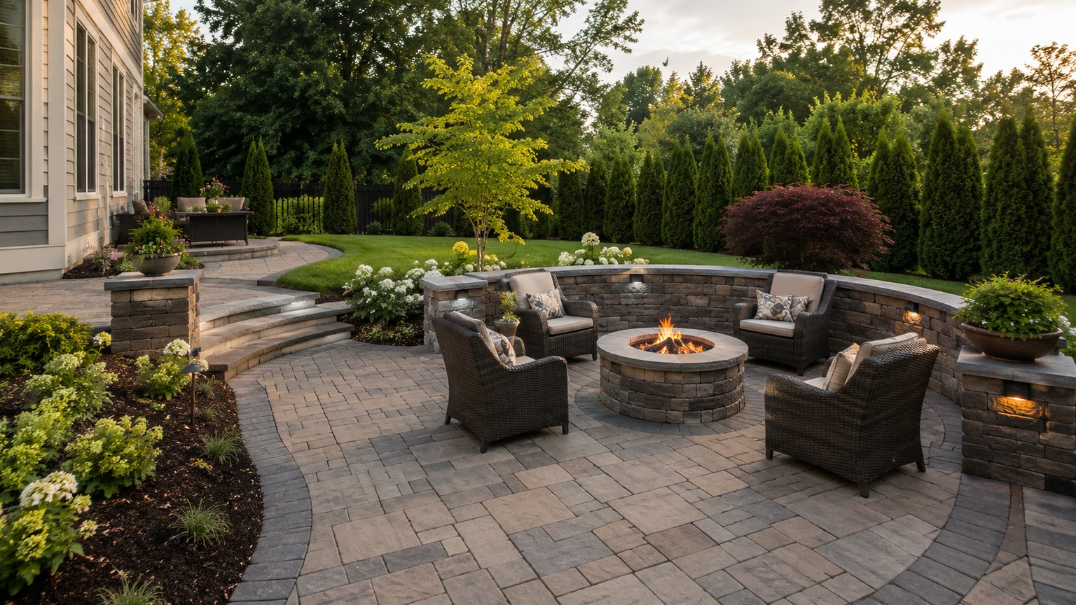 Paver patio with a stone fire pit and seating wall