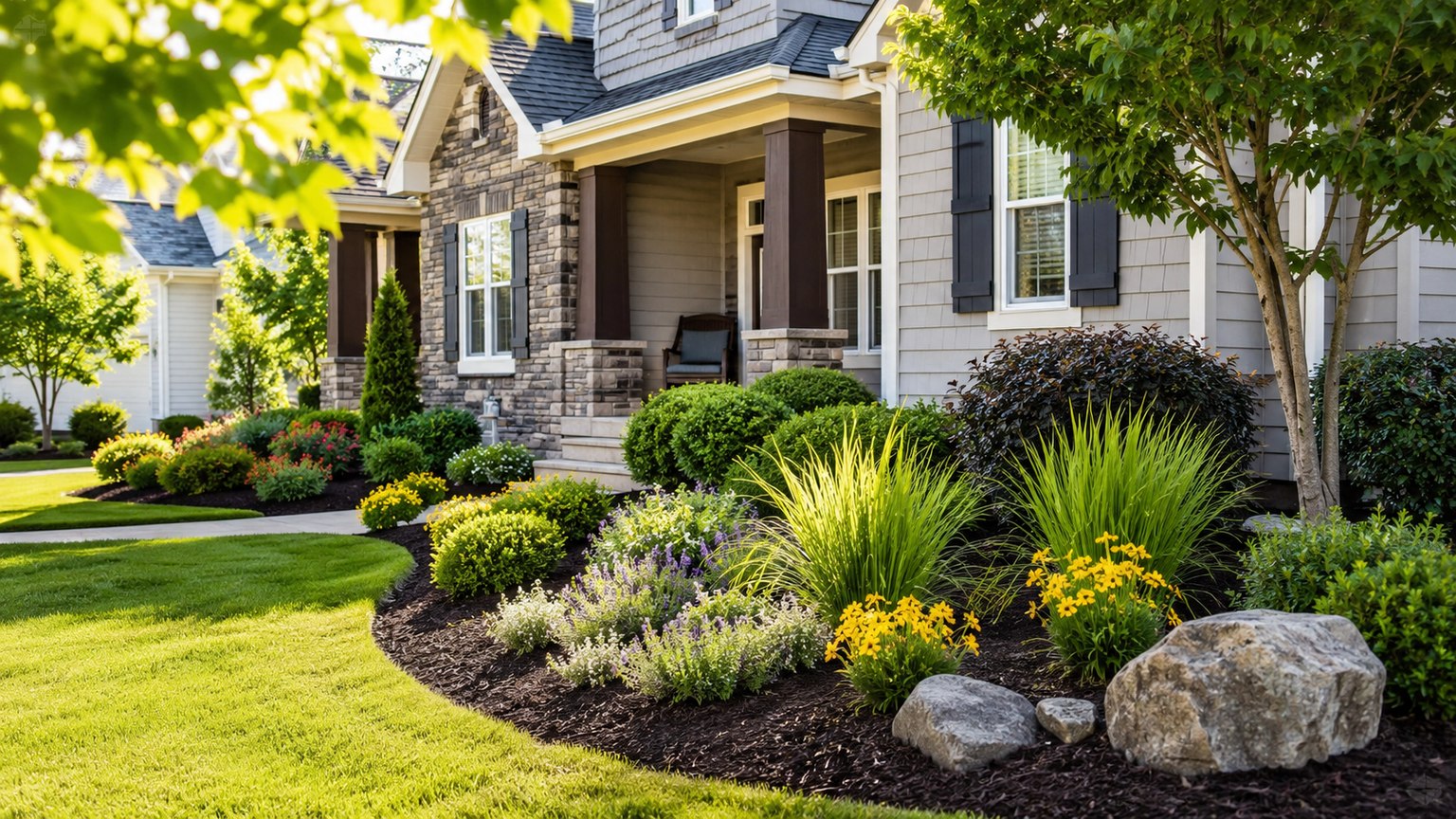 Fresh flower beds with mulch and stone accents
